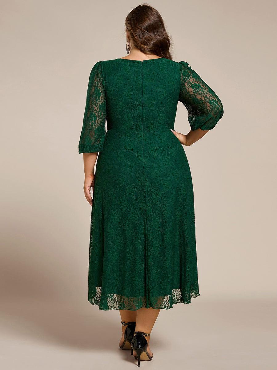 Elegant Lace A-Line Long Sleeves Midi Wedding Guest Dress #color_Dark Green