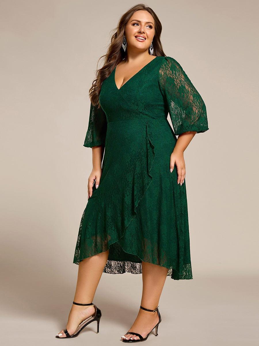 Elegant Lace A-Line Long Sleeves Midi Wedding Guest Dress #color_Dark Green