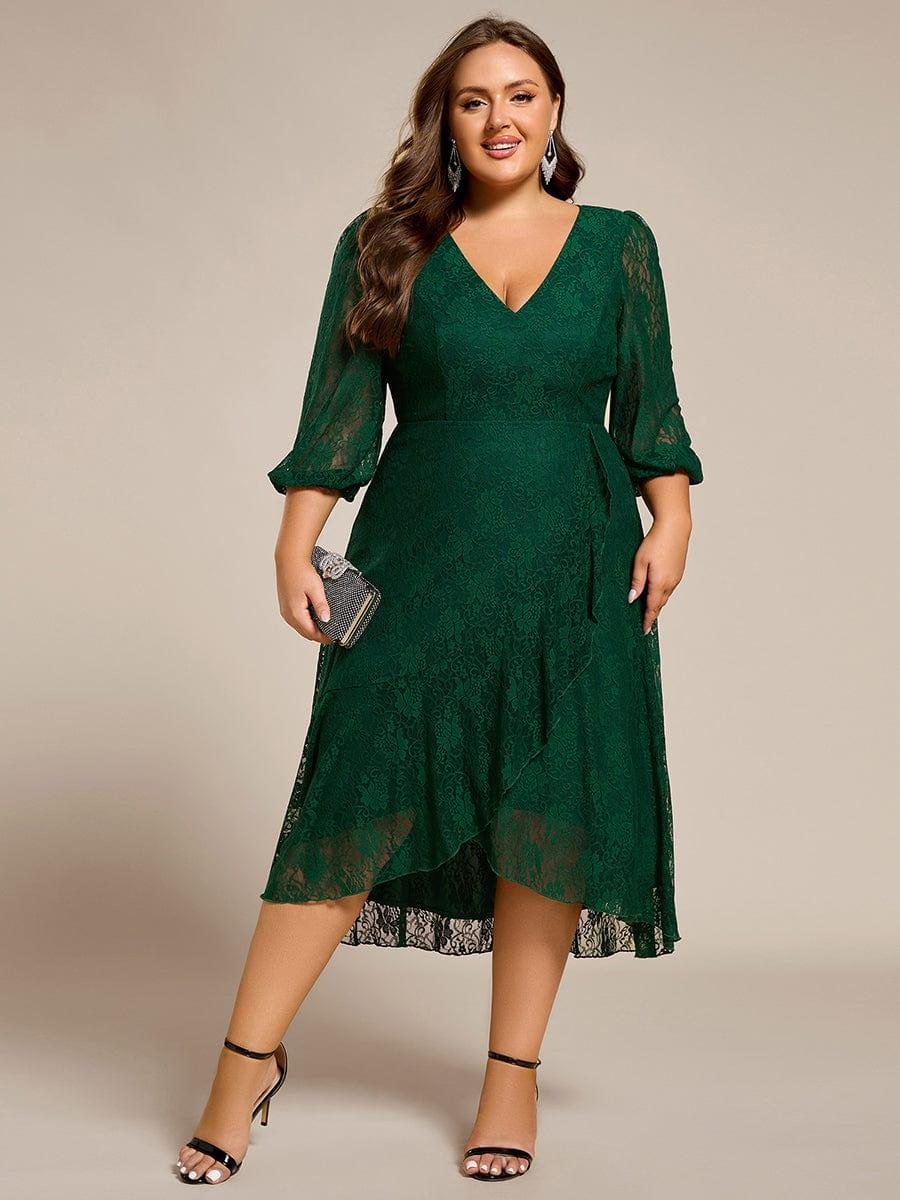 Elegant Lace A-Line Long Sleeves Midi Wedding Guest Dress #color_Dark Green