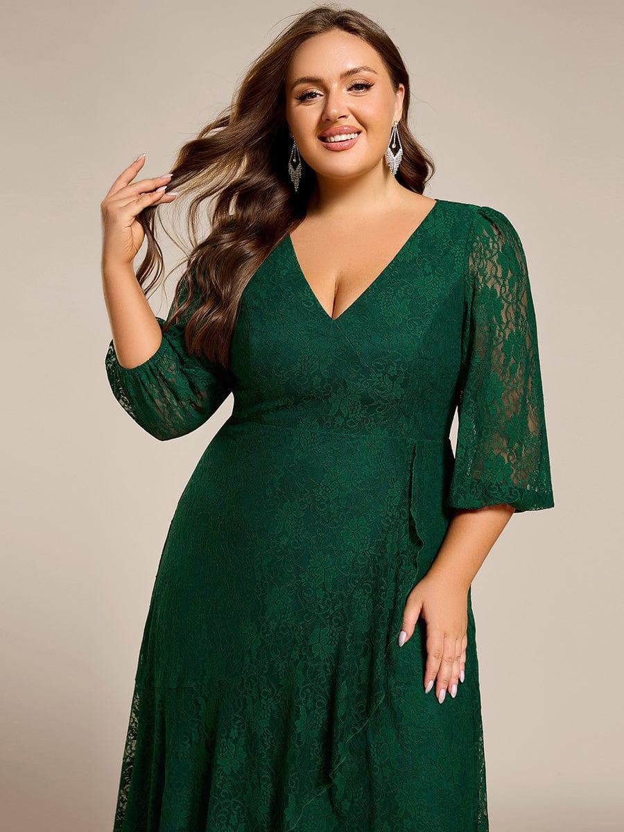 Elegant Lace A-Line Long Sleeves Midi Wedding Guest Dress #color_Dark Green