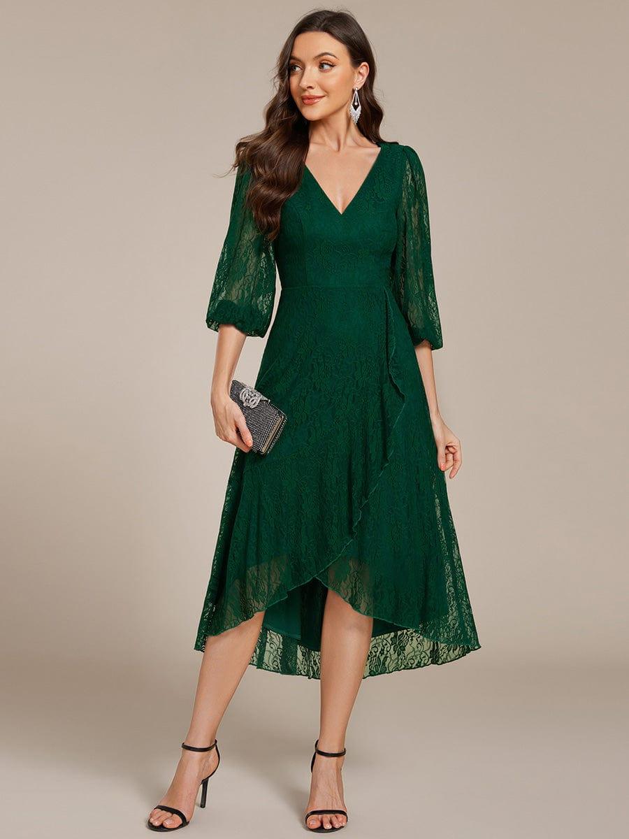 Elegant Lace A-Line Long Sleeves Midi Wedding Guest Dress #color_Dark Green