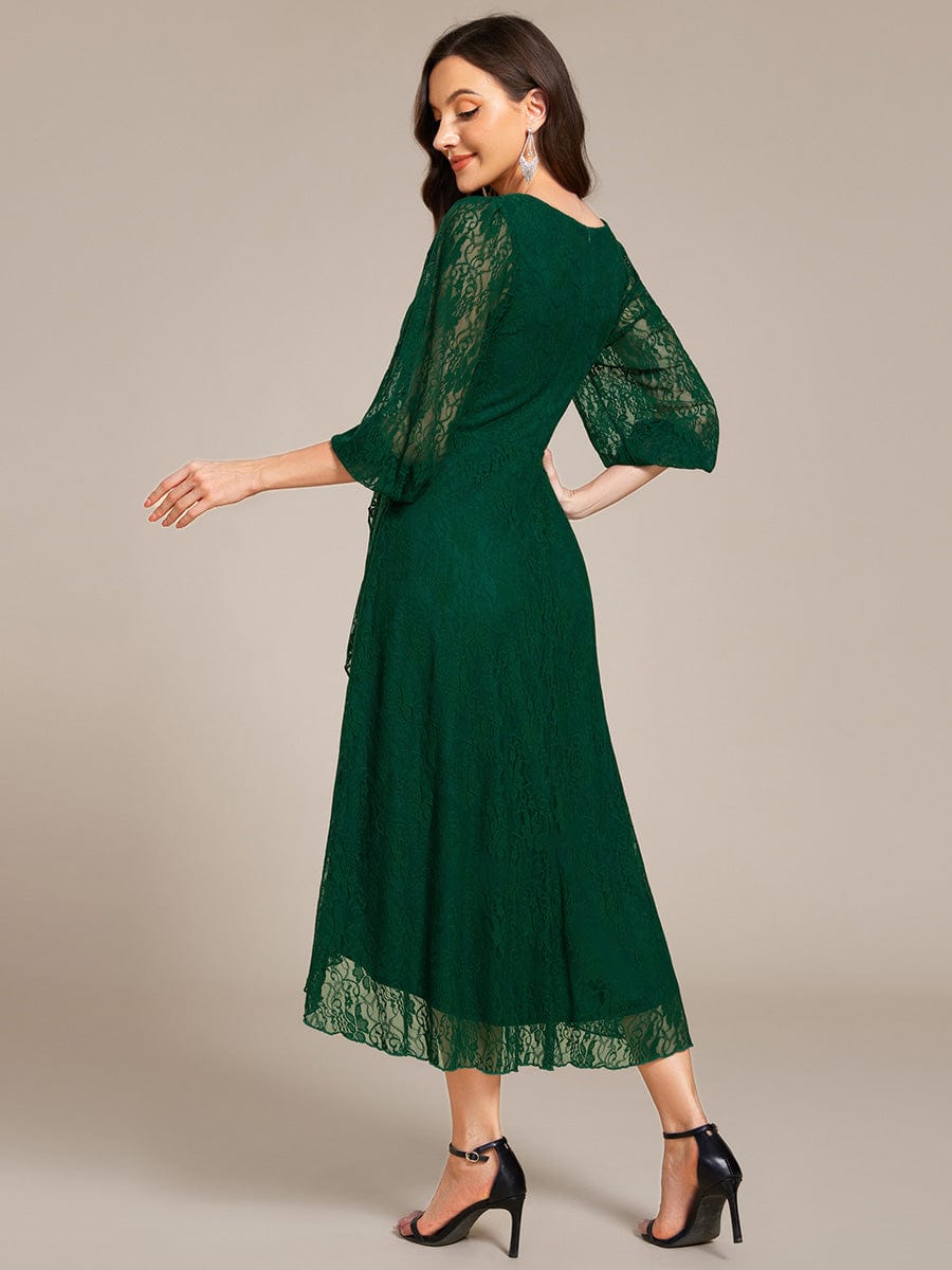 Elegant Lace A-Line Long Sleeves Midi Wedding Guest Dress #color_Dark Green