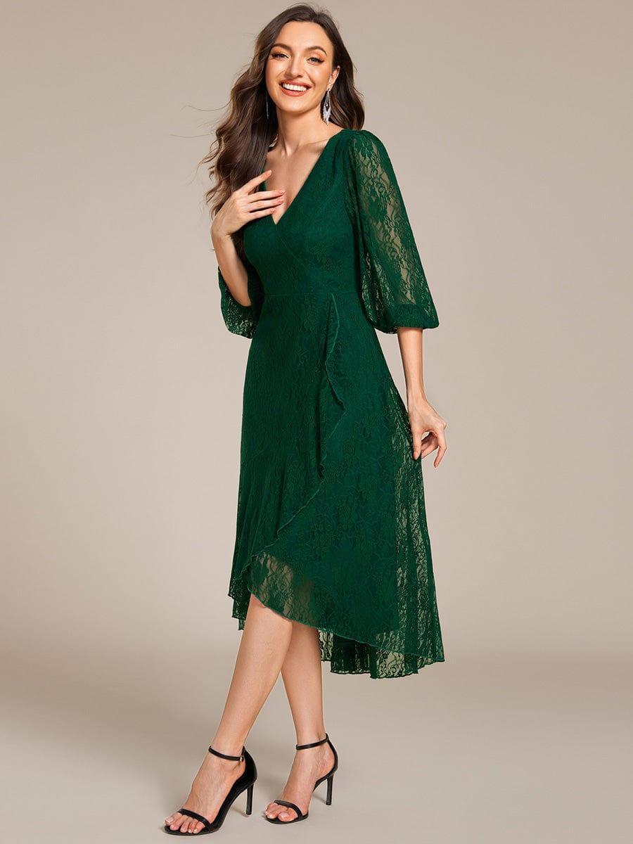 Elegant Lace A-Line Long Sleeves Midi Wedding Guest Dress #color_Dark Green