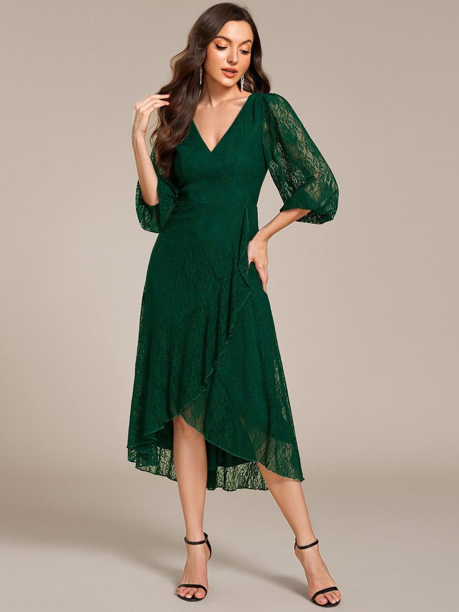 Elegant Lace A-Line Long Sleeves Midi Wedding Guest Dress #color_Dark Green