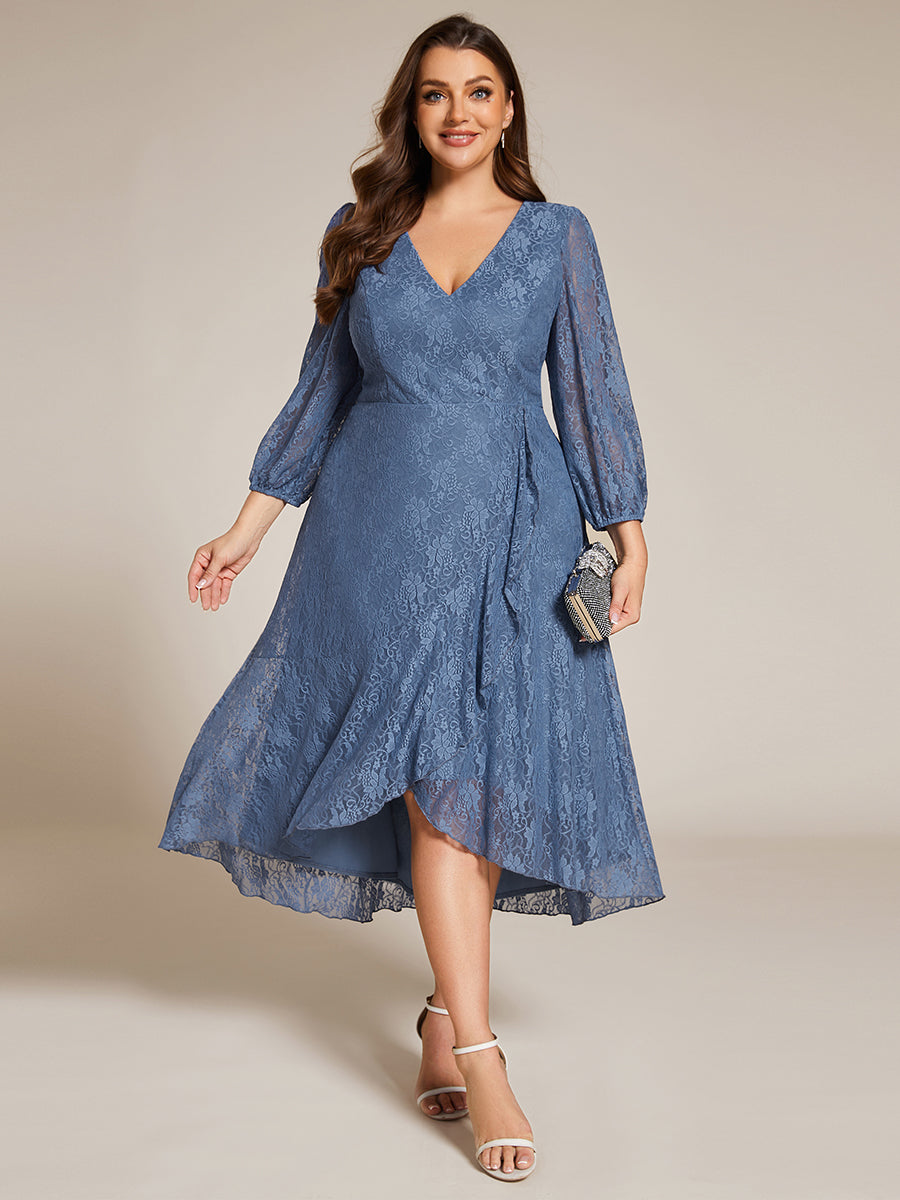 Elegant Lace A-Line Long Sleeves Midi Wedding Guest Dress #color_Dusty Navy