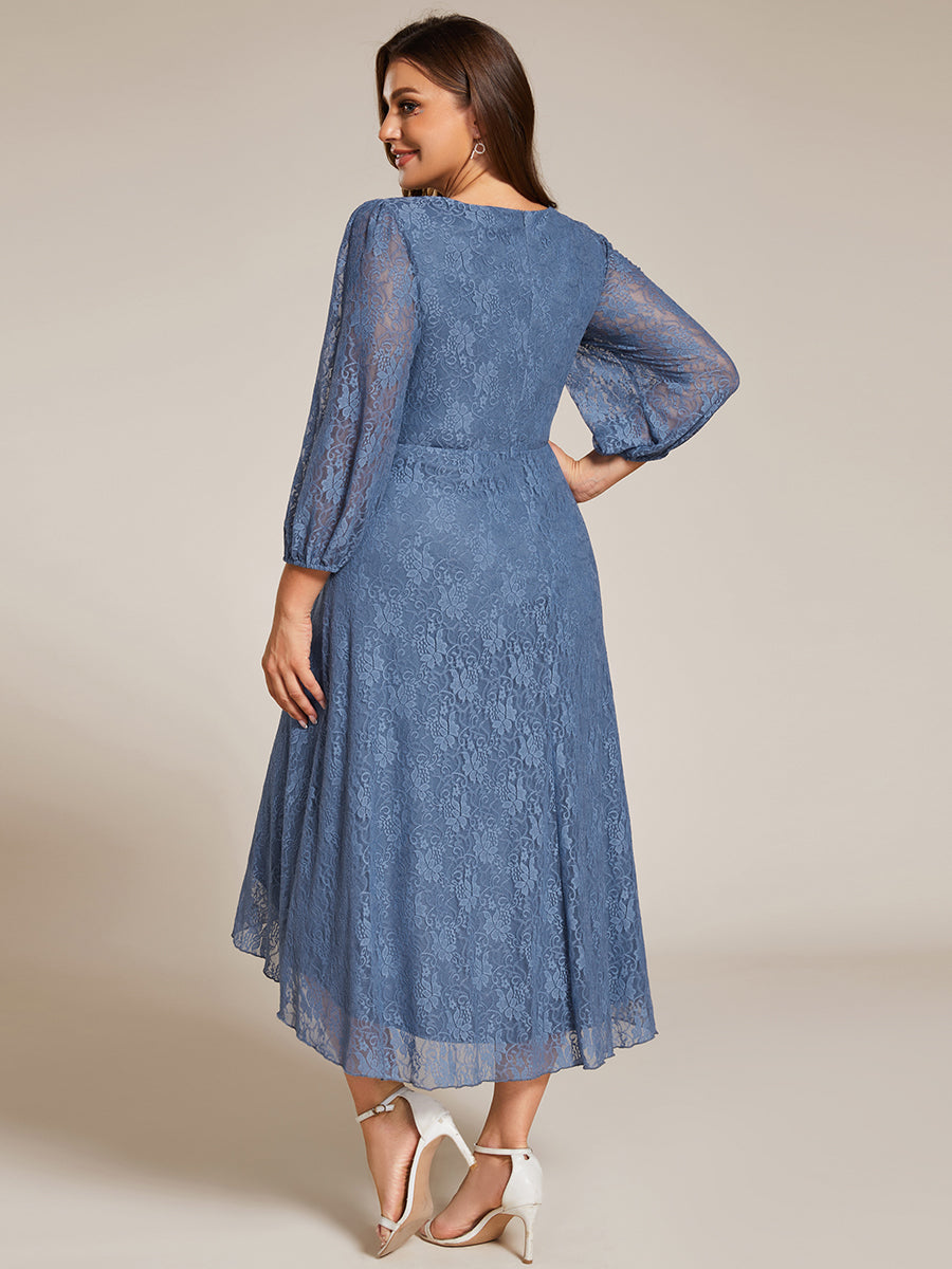 Elegant Lace A-Line Long Sleeves Midi Wedding Guest Dress #color_Dusty Blue