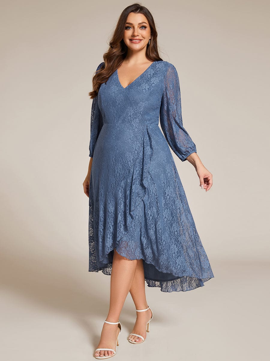 Plus Size Midi Long Lantern Sleeves V-Neck Lace Wedding Guest Dress #color_Dusty Blue