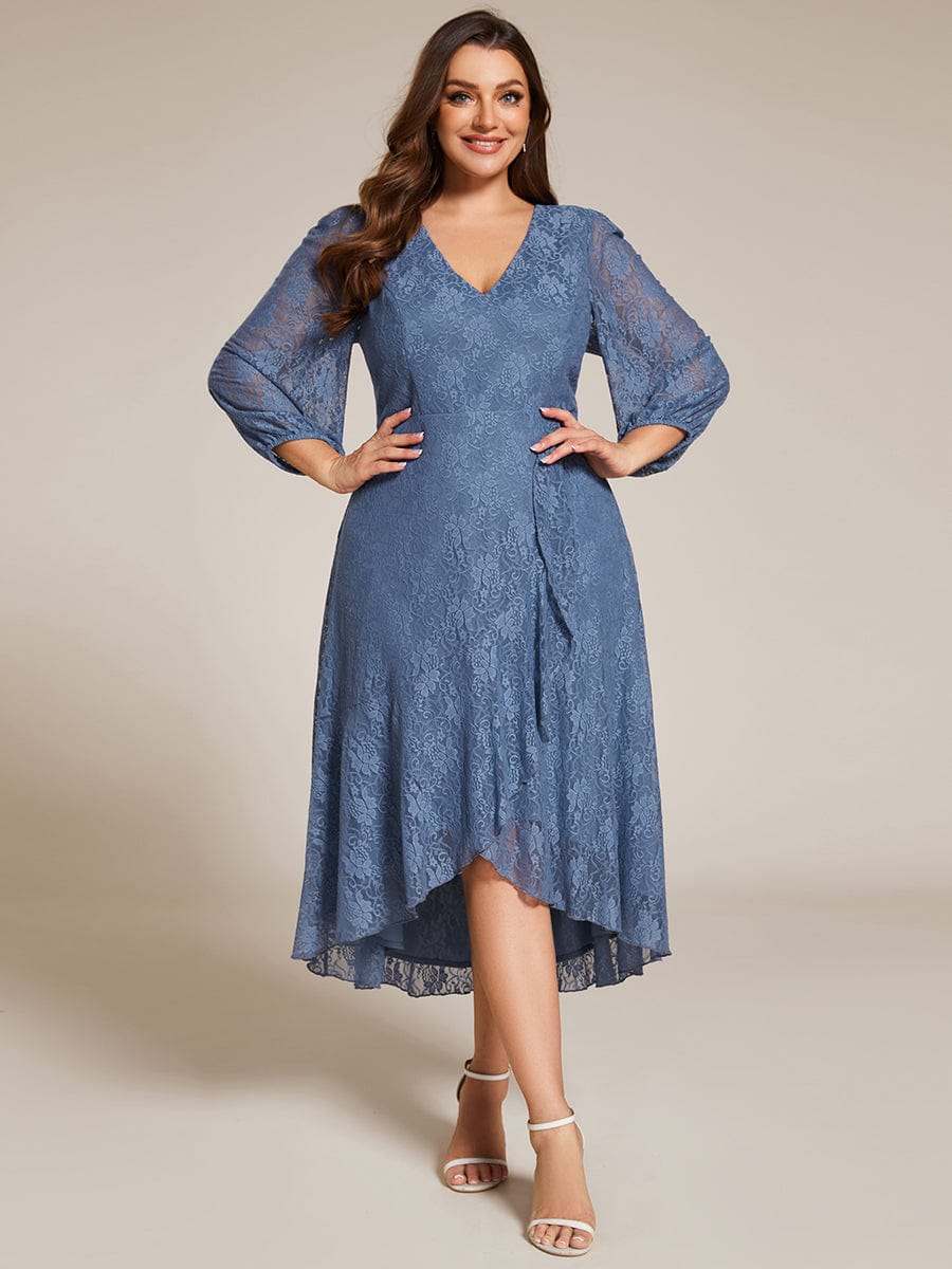 Plus Size Midi Long Lantern Sleeves V-Neck Lace Wedding Guest Dress #color_Dusty Blue