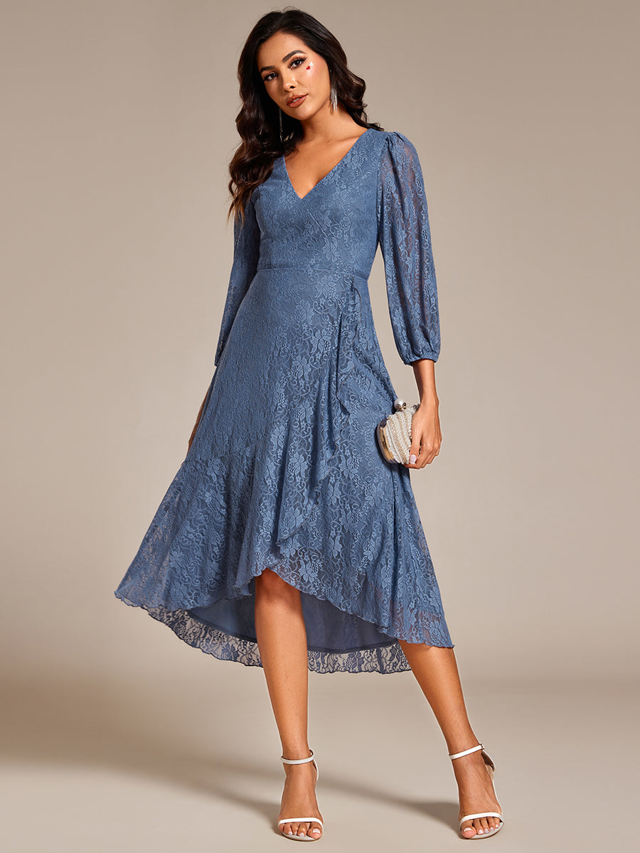 Elegant Lace A-Line Long Sleeves Midi Wedding Guest Dress #color_Dusty Navy