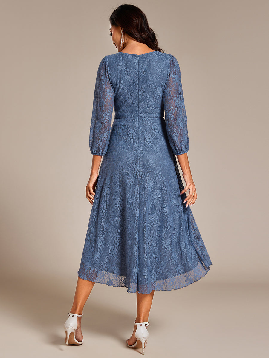 Elegant Lace A-Line Long Sleeves Midi Wedding Guest Dress #color_Dusty Navy