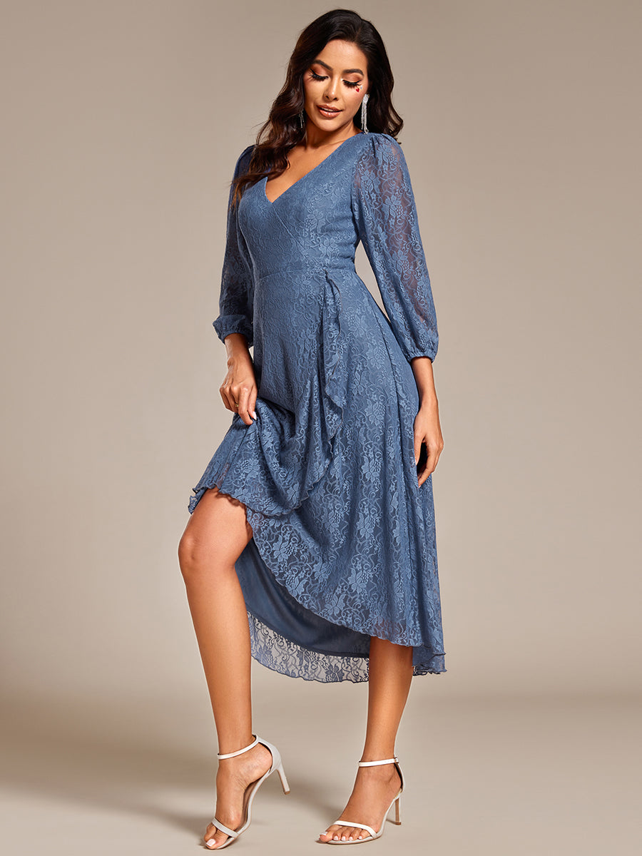 Elegant Lace A-Line Long Sleeves Midi Wedding Guest Dress #color_Dusty Navy