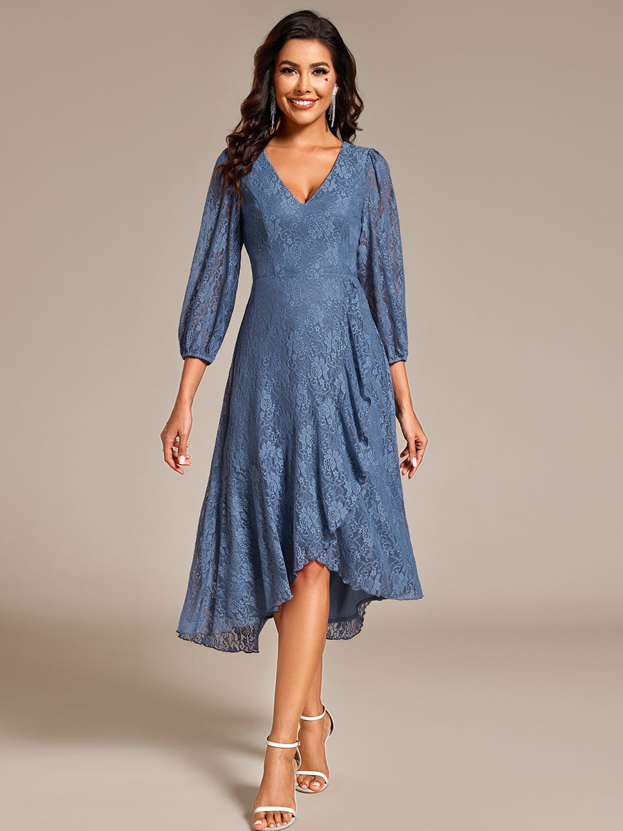 Elegant Lace A-Line Long Sleeves Midi Wedding Guest Dress #color_Dusty Blue