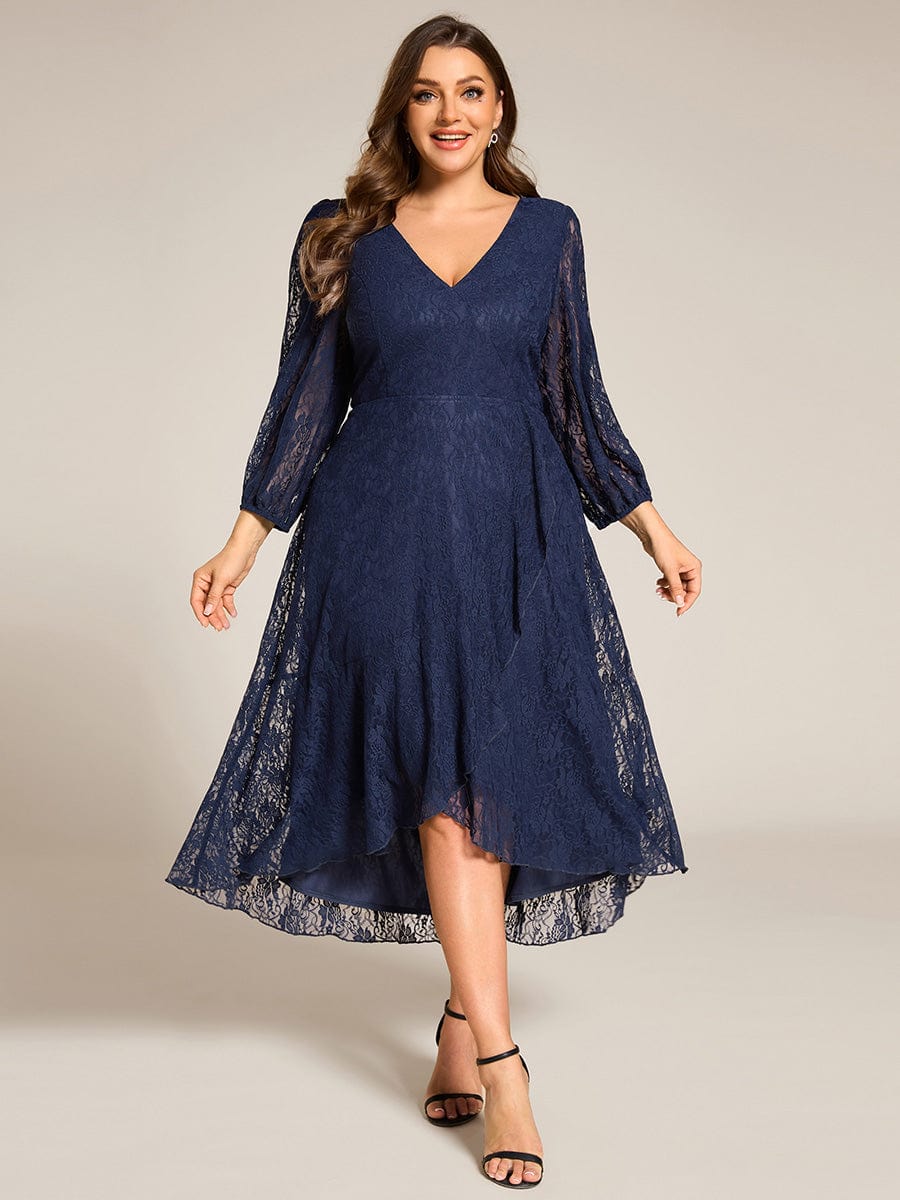 Plus Size Midi Long Lantern Sleeves V-Neck Lace Wedding Guest Dress #color_Navy Blue