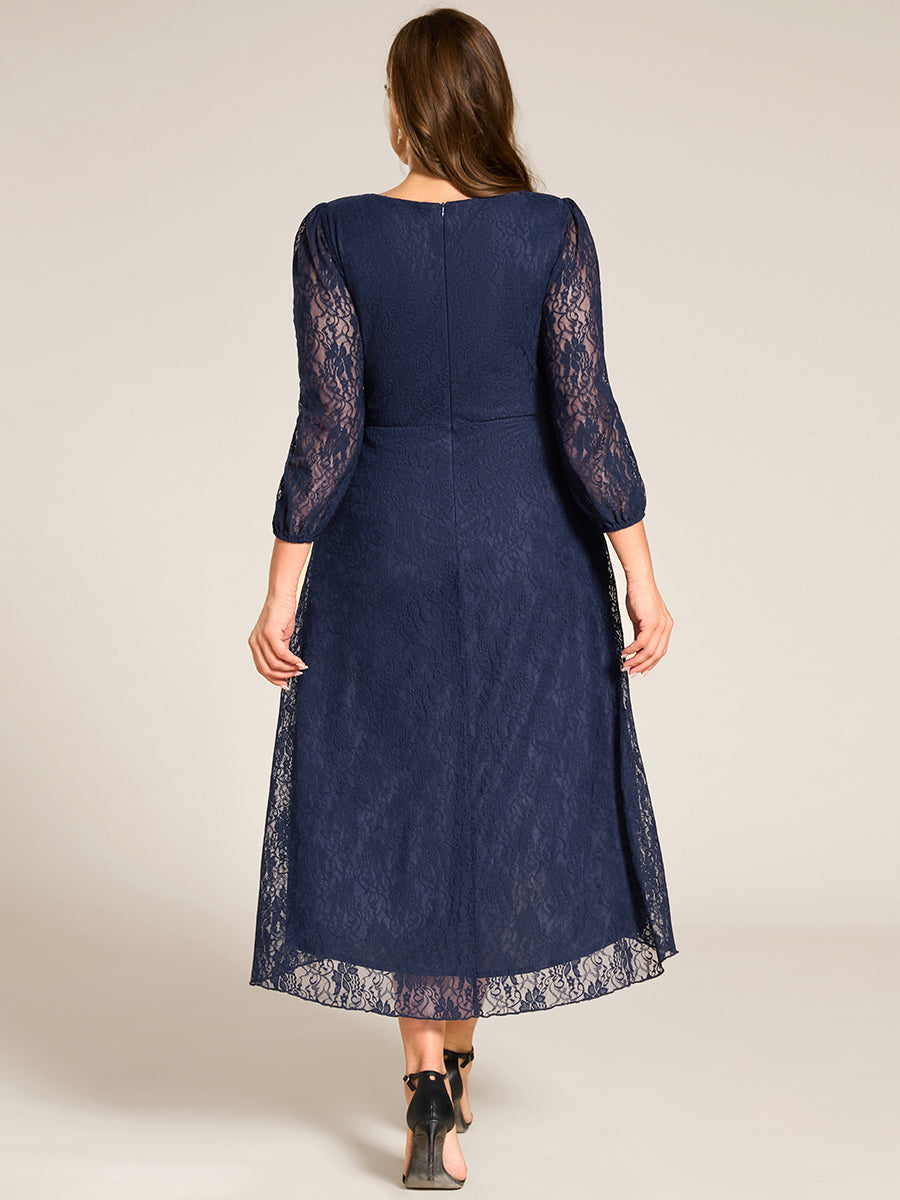 Elegant Lace A-Line Long Sleeves Midi Wedding Guest Dress #color_Navy Blue