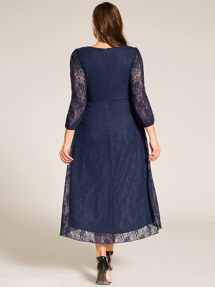 Plus Size Midi Long Lantern Sleeves V-Neck Lace Wedding Guest Dress #color_Navy Blue