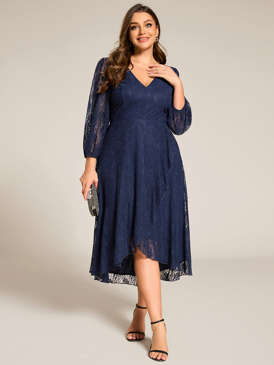 Elegant Lace A-Line Long Sleeves Midi Wedding Guest Dress #color_Navy Blue