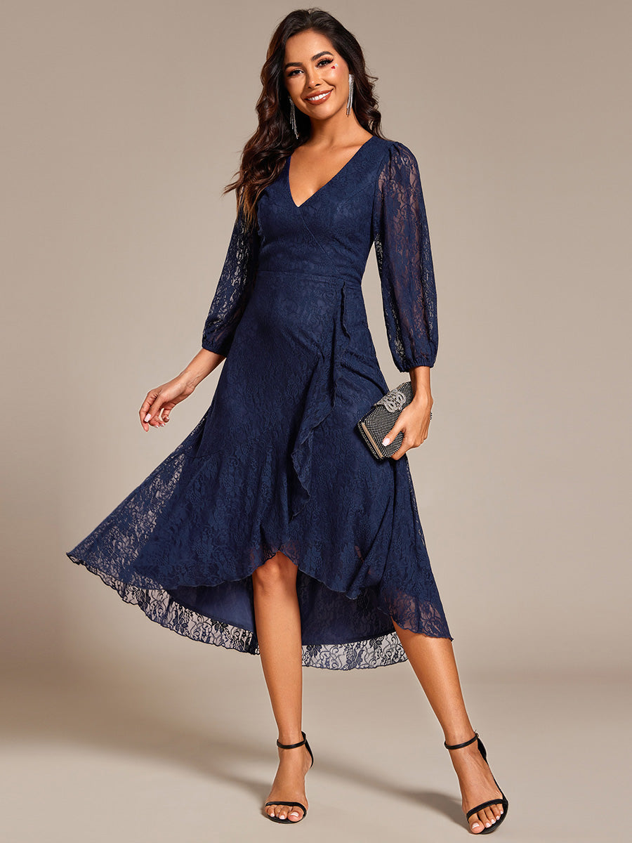 Elegant Lace A-Line Long Sleeves Midi Wedding Guest Dress #color_Navy Blue