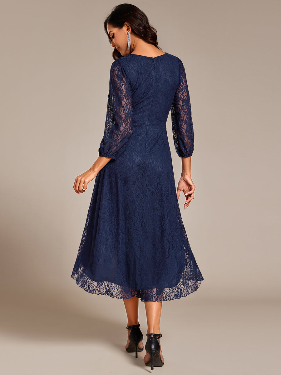 Elegant Lace A-Line Long Sleeves Midi Wedding Guest Dress #color_Navy Blue