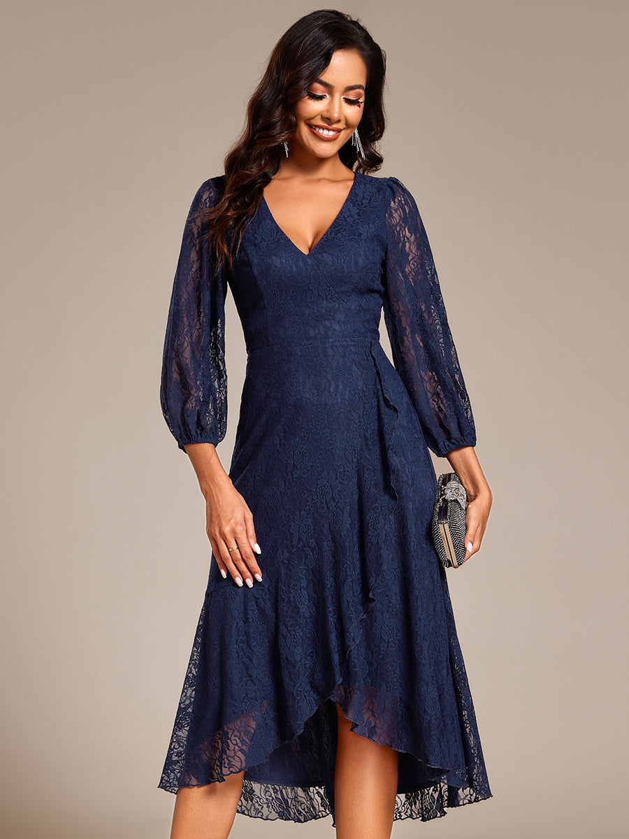 Elegant Lace A-Line Long Sleeves Midi Wedding Guest Dress #color_Navy Blue