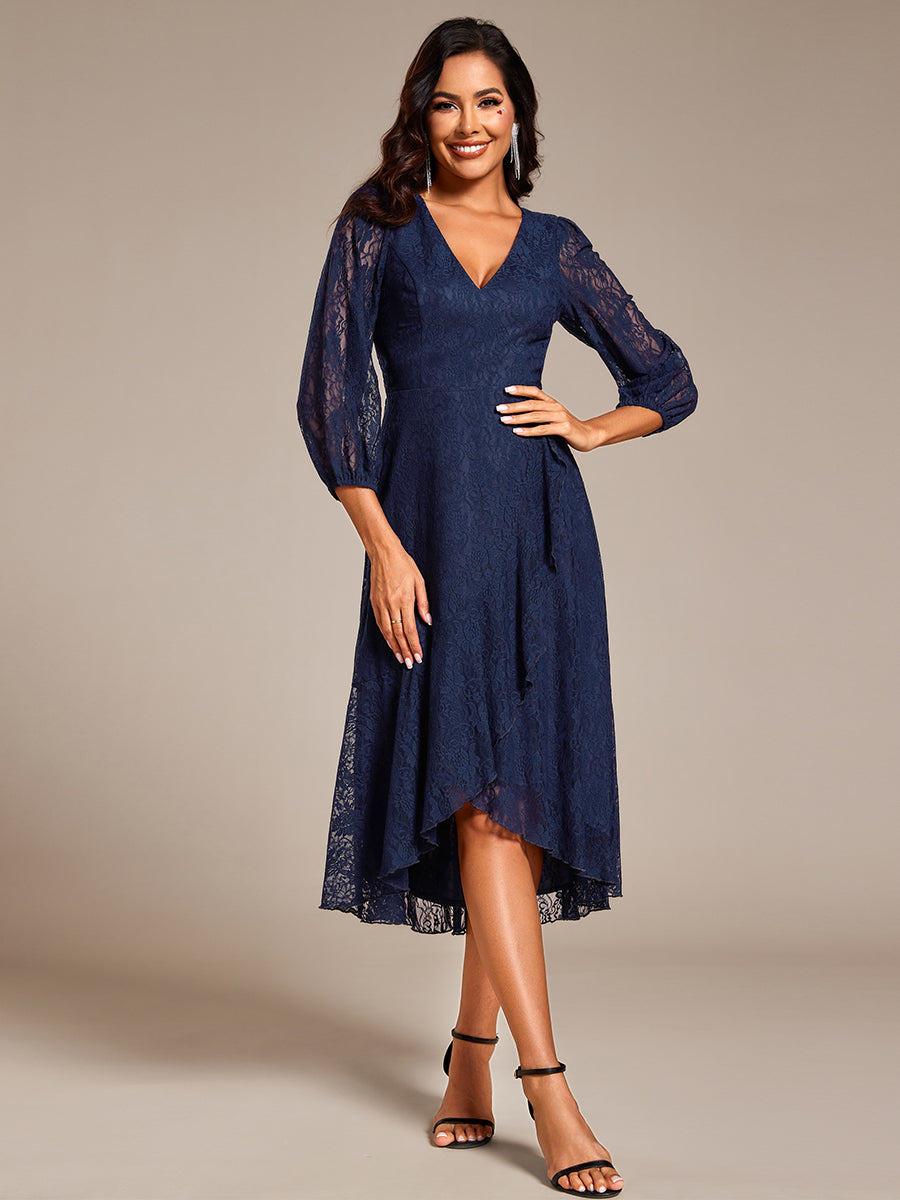 Elegant Lace A-Line Long Sleeves Midi Wedding Guest Dress #color_Navy Blue