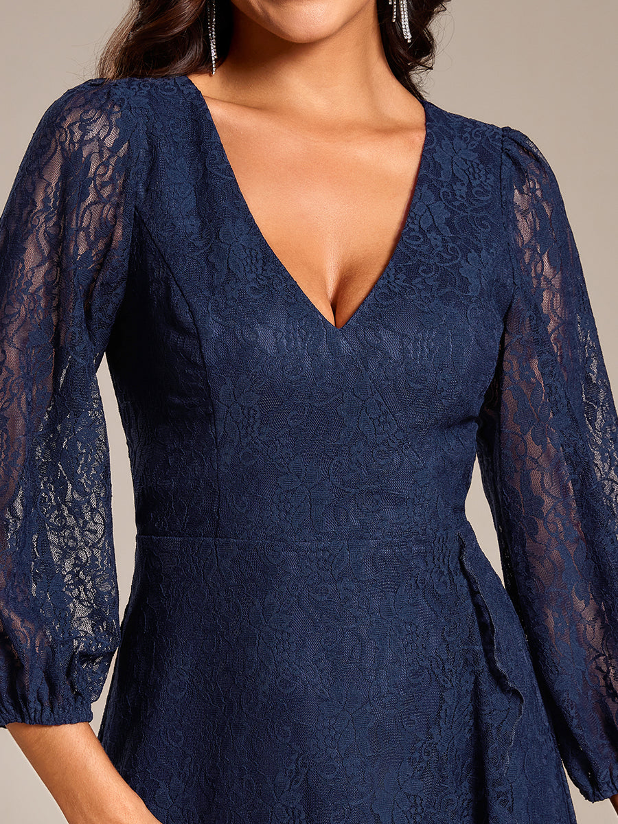 Elegant Lace A-Line Long Sleeves Midi Wedding Guest Dress #color_Navy Blue