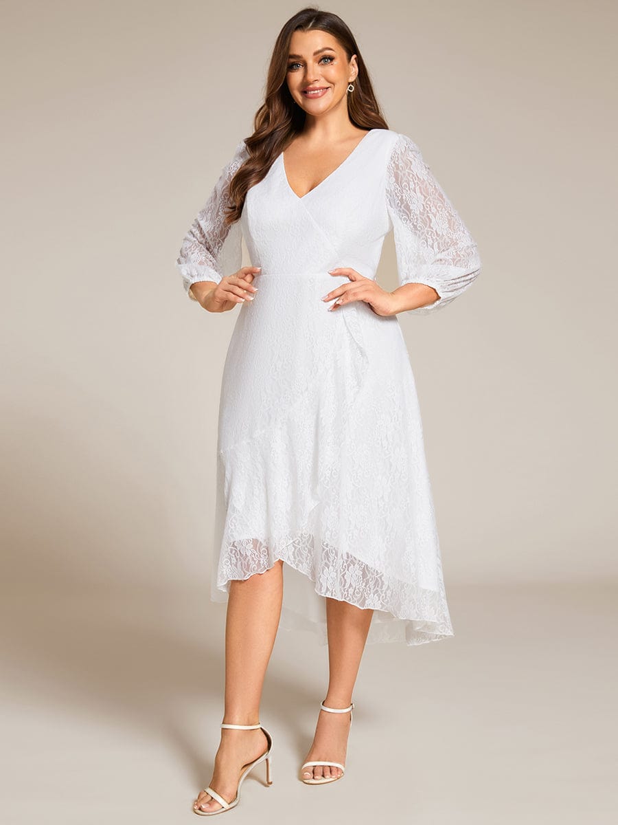 Plus Size Midi Long Lantern Sleeves V-Neck Lace Wedding Guest Dress #color_White