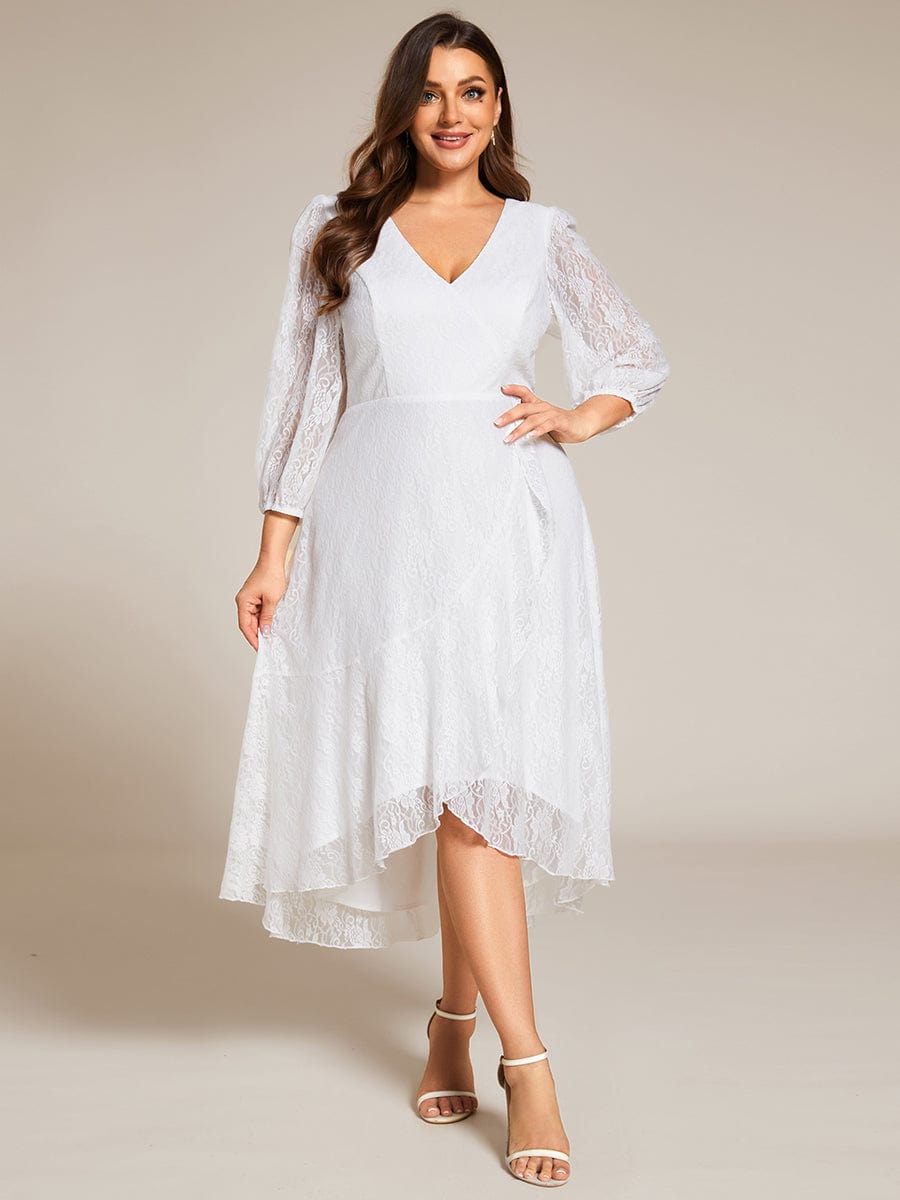 Plus Size Midi Long Lantern Sleeves V-Neck Lace Wedding Guest Dress #color_White