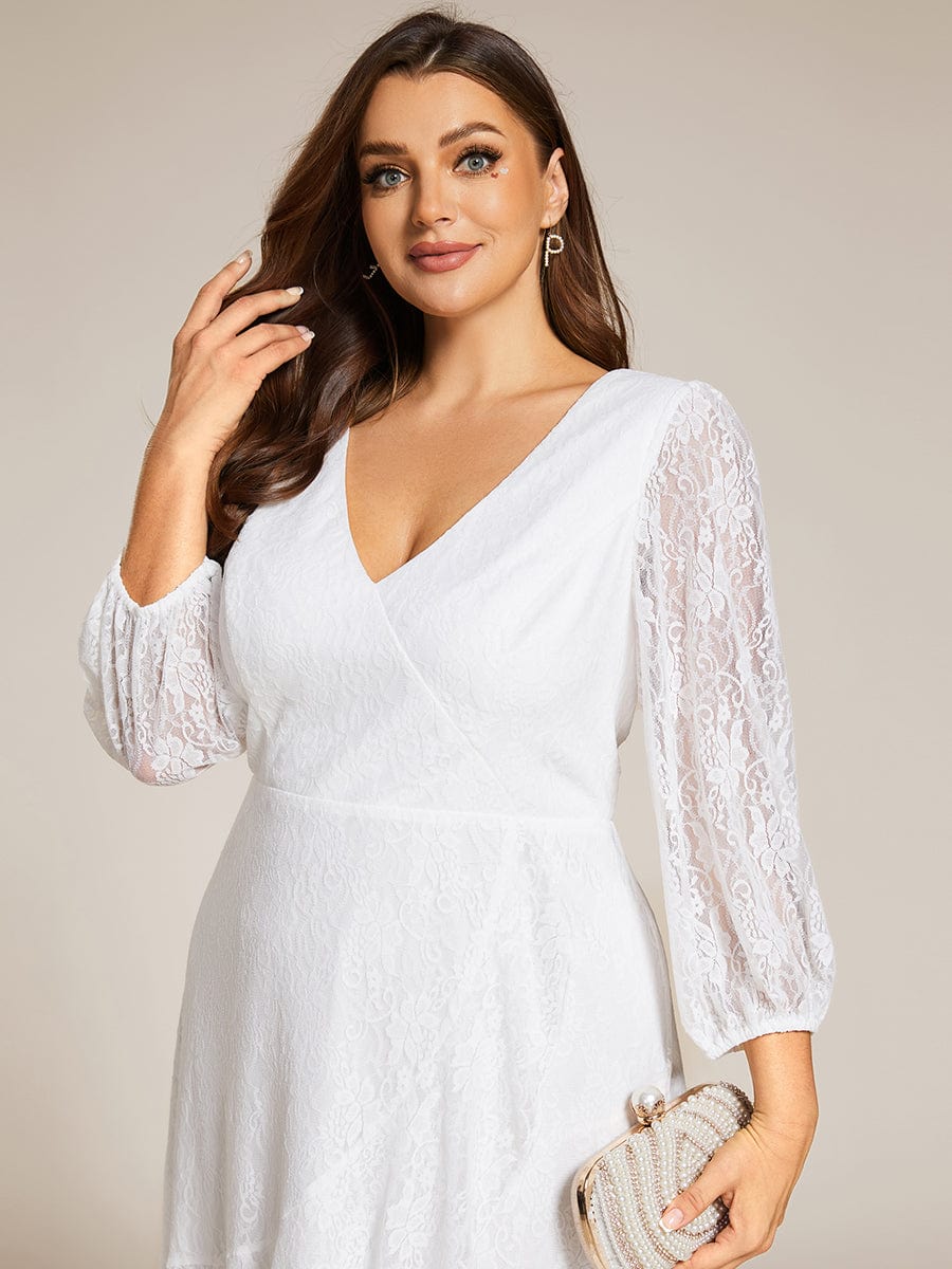 Plus Size Midi Long Lantern Sleeves V-Neck Lace Wedding Guest Dress #color_White