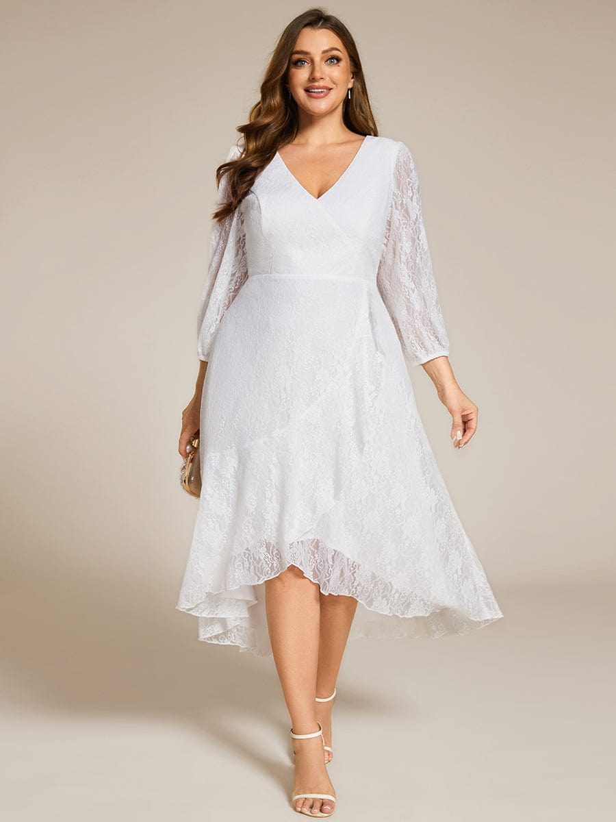 Plus Size Midi Long Lantern Sleeves V-Neck Lace Wedding Guest Dress #color_White