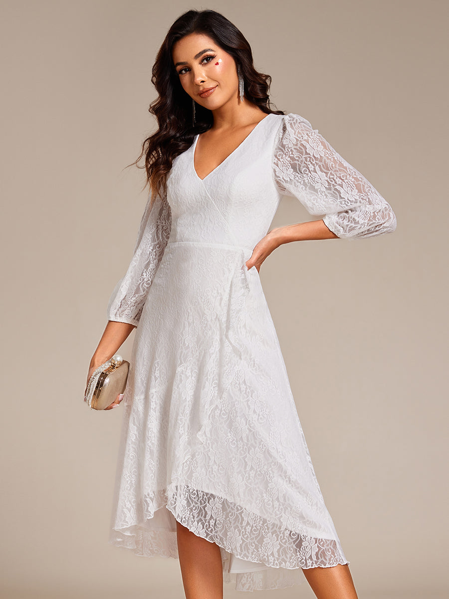 Elegant Lace A-Line Long Sleeves Midi Wedding Guest Dress #color_White