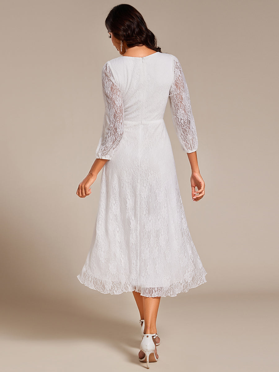 Elegant Lace A-Line Long Sleeves Midi Wedding Guest Dress #color_White