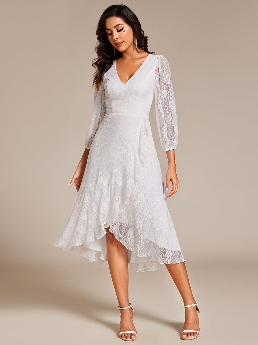 Elegant Lace A-Line Long Sleeves Midi Wedding Guest Dress #color_White