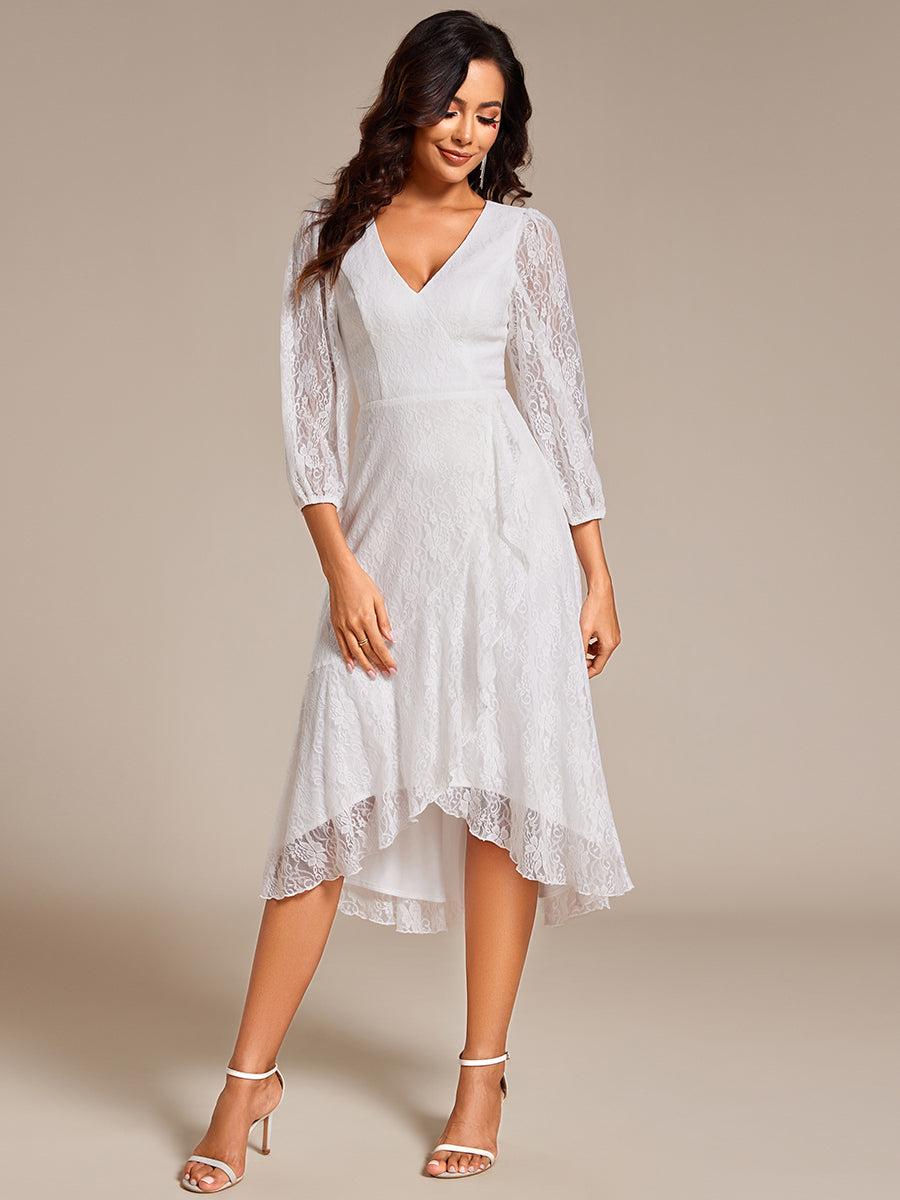 Elegant Lace A-Line Long Sleeves Midi Wedding Guest Dress #color_White