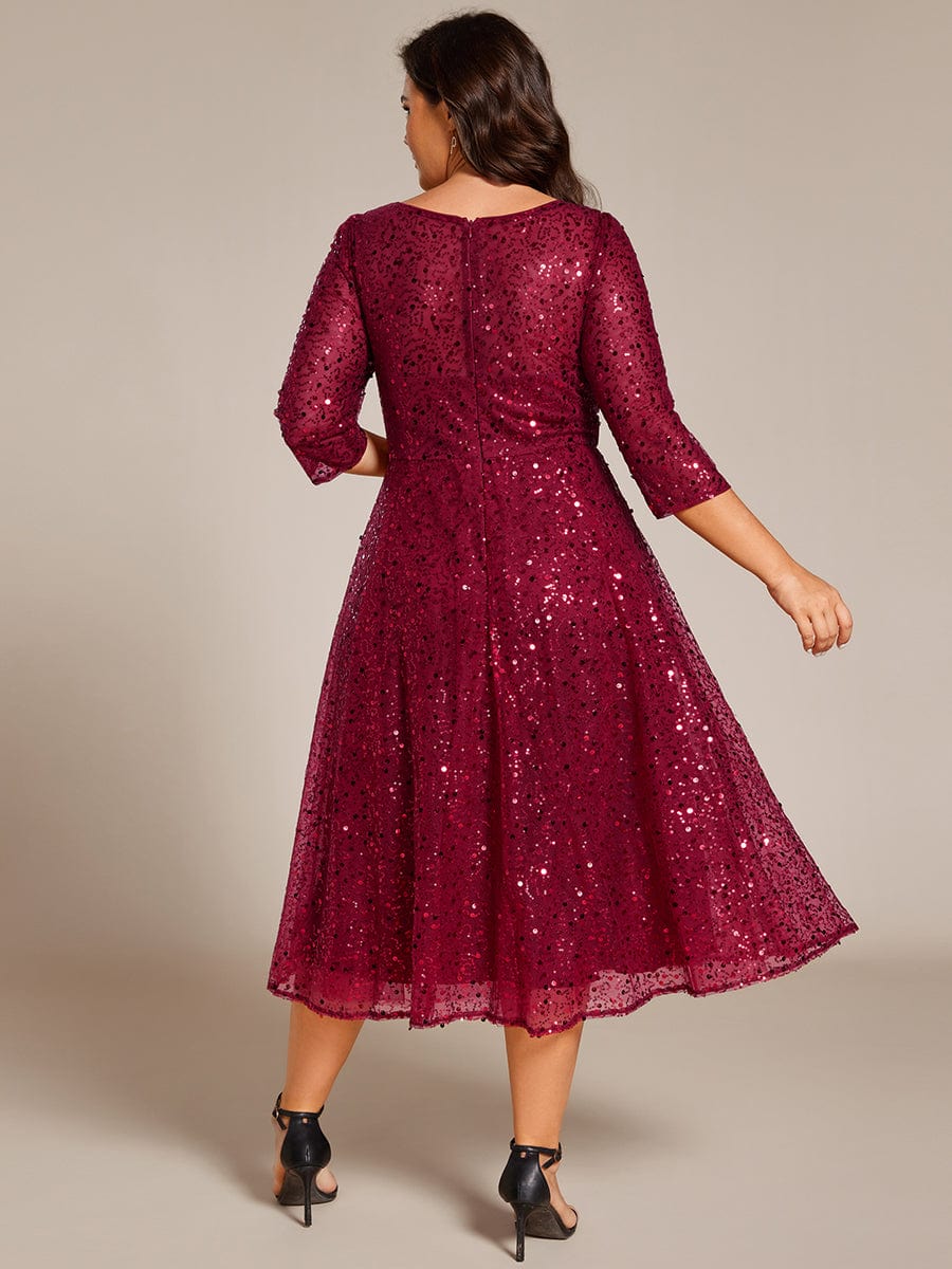 Plus Size 3/4 Sleeve Midi Round Neck A-Line Sequin Wedding Guest Dress #color_Burgundy