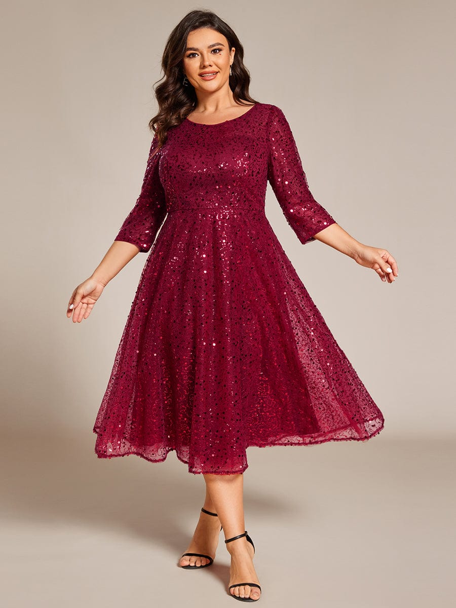 Plus Size 3/4 Sleeve Midi Round Neck A-Line Sequin Wedding Guest Dress #color_Burgundy