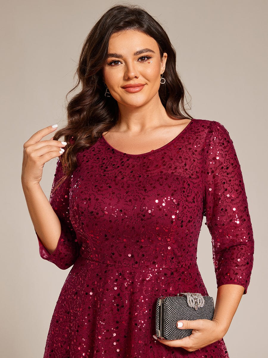 Plus Size 3/4 Sleeve Midi Round Neck A-Line Sequin Wedding Guest Dress #color_Burgundy