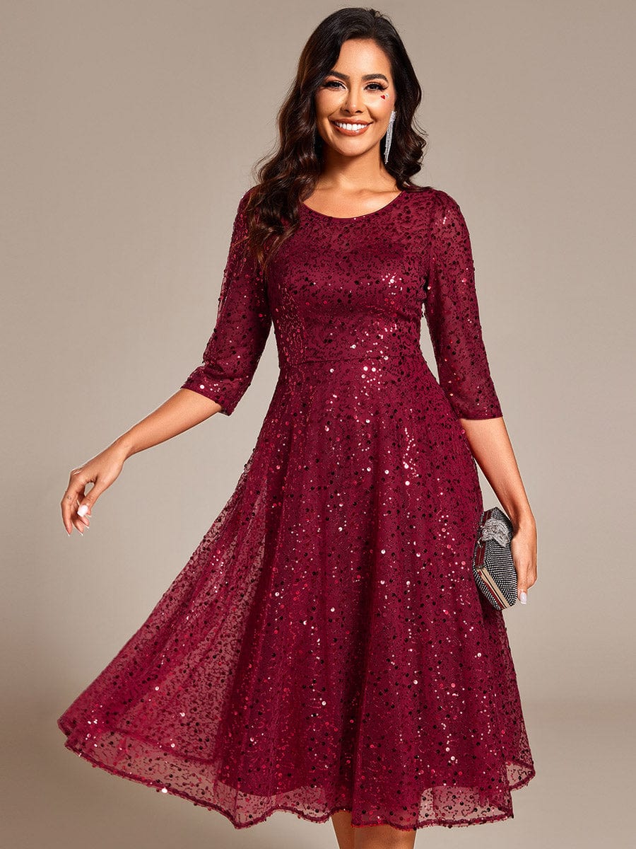 3/4 Sleeve Sparkly Sequin Round Neck Midi Wedding Guest Dress #color_Burgundy