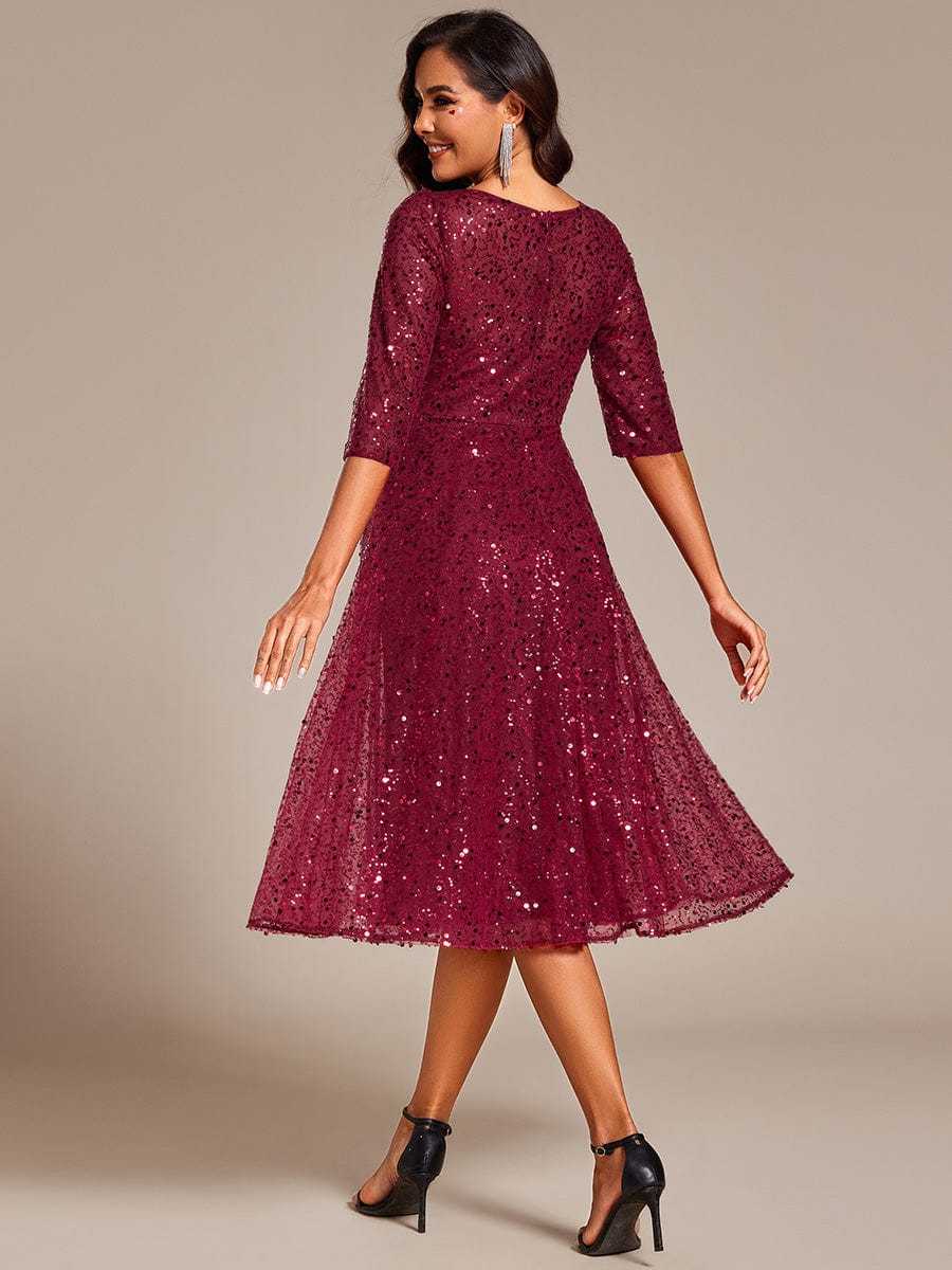 3/4 Sleeve Sparkly Sequin Round Neck Midi Wedding Guest Dress #color_Burgundy