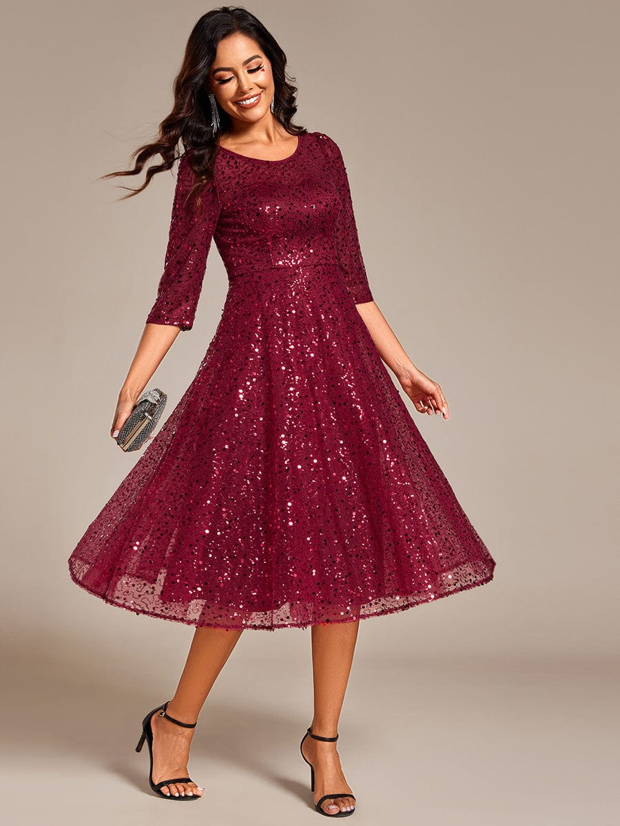 3/4 Sleeve Sparkly Sequin Round Neck Midi Wedding Guest Dress #color_Burgundy