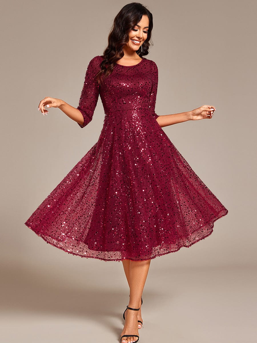 3/4 Sleeve Sparkly Sequin Round Neck Midi Wedding Guest Dress #color_Burgundy