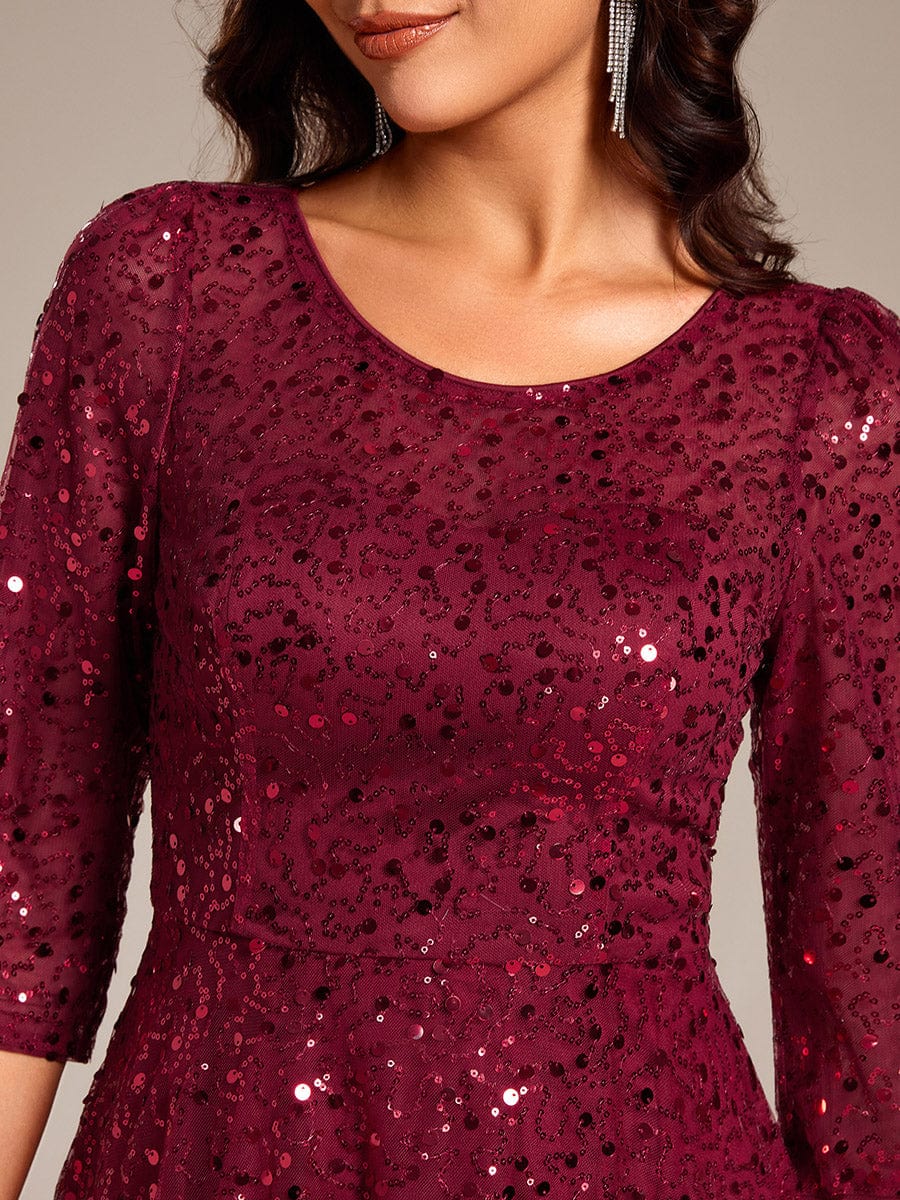 3/4 Sleeve Sparkly Sequin Round Neck Midi Wedding Guest Dress #color_Burgundy