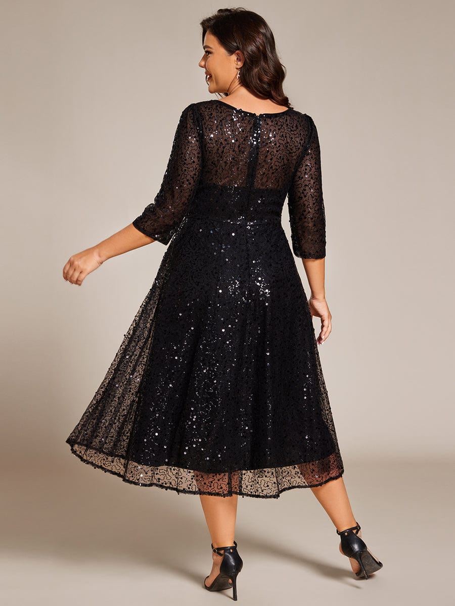 Plus Size 3/4 Sleeve Midi Round Neck A-Line Sequin Wedding Guest Dress #color_Black