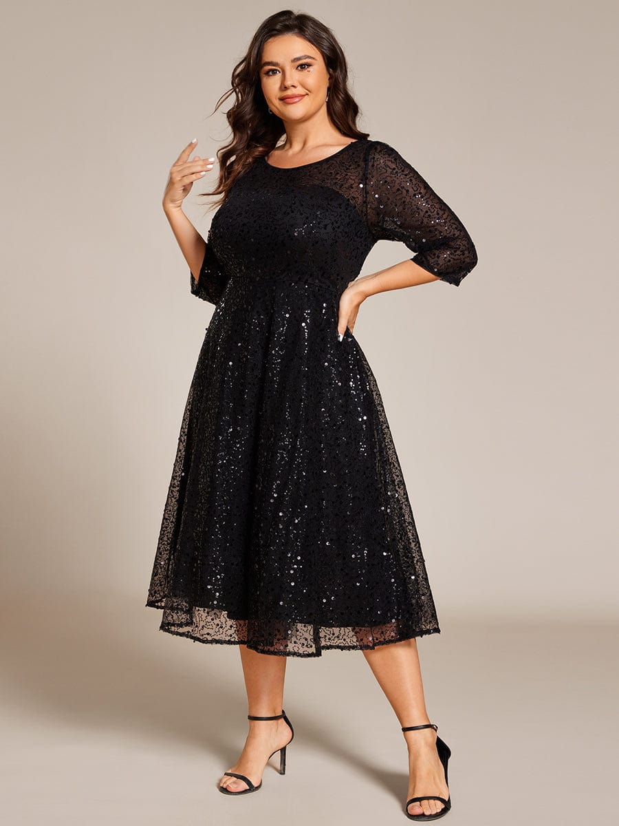 Plus Size 3/4 Sleeve Midi Round Neck A-Line Sequin Wedding Guest Dress #color_Black