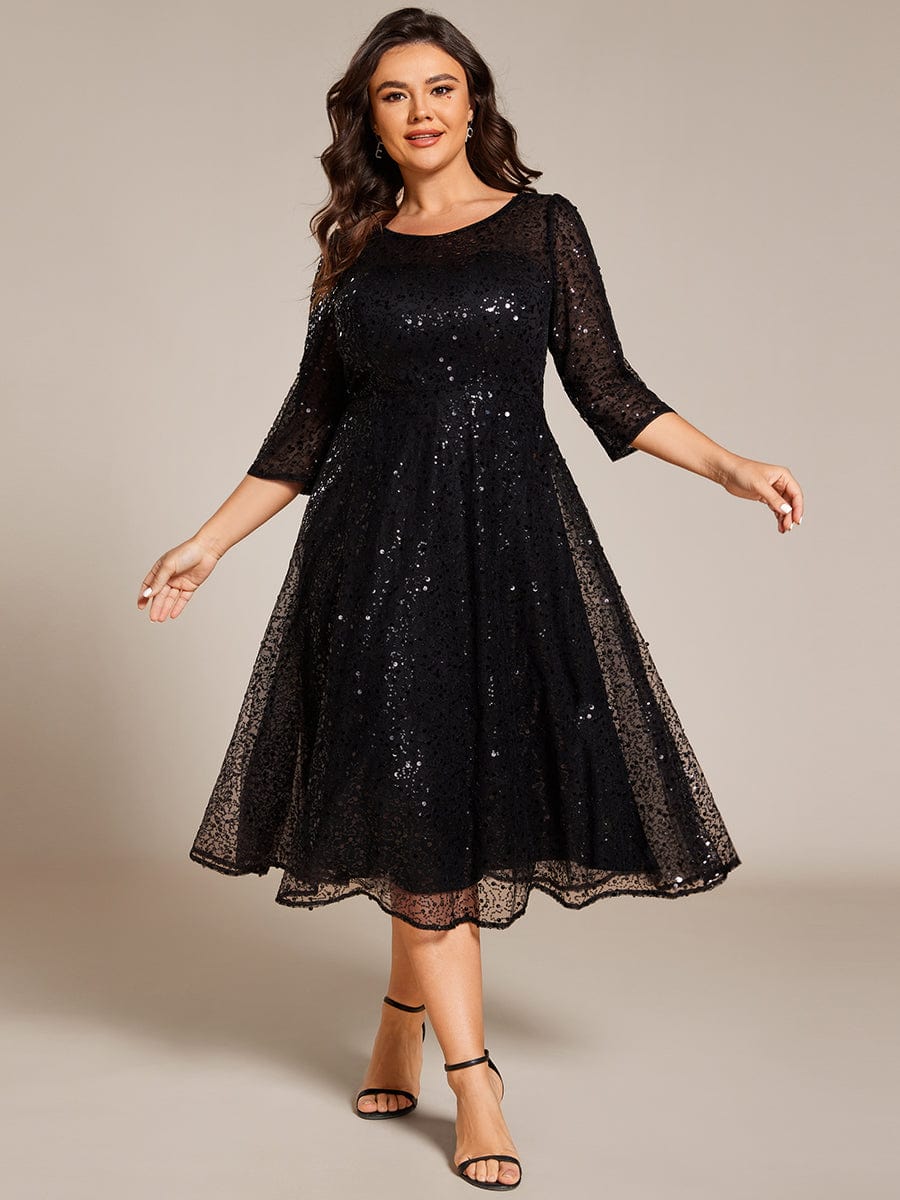 Plus Size 3/4 Sleeve Midi Round Neck A-Line Sequin Wedding Guest Dress #color_Black