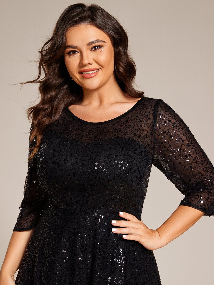 Plus Size 3/4 Sleeve Midi Round Neck A-Line Sequin Wedding Guest Dress #color_Black