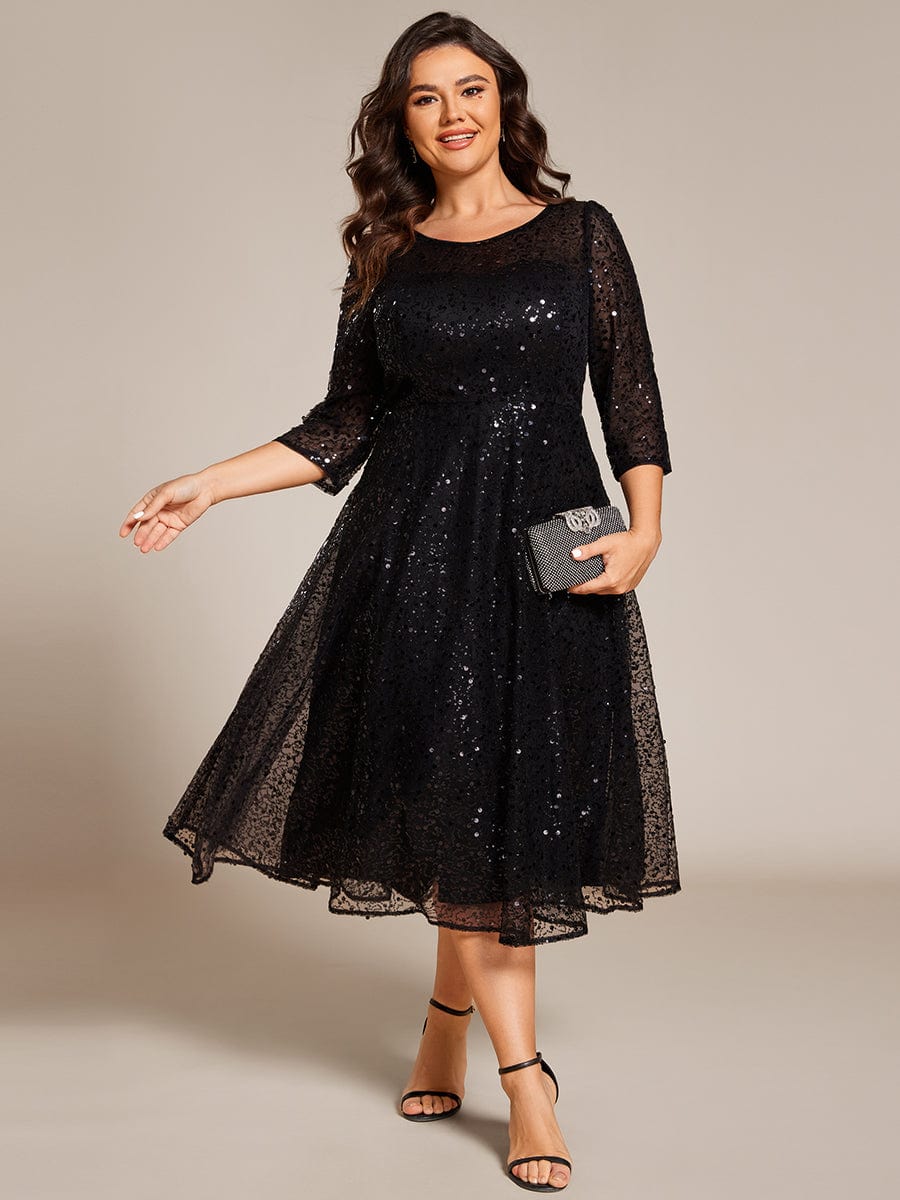 Plus Size 3/4 Sleeve Midi Round Neck A-Line Sequin Wedding Guest Dress #color_Black