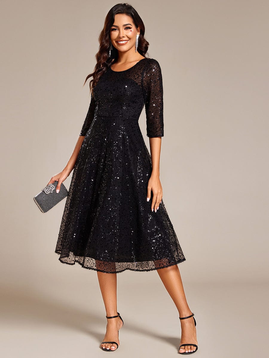 3/4 Sleeve Sparkly Sequin Round Neck Midi Wedding Guest Dress #color_Black