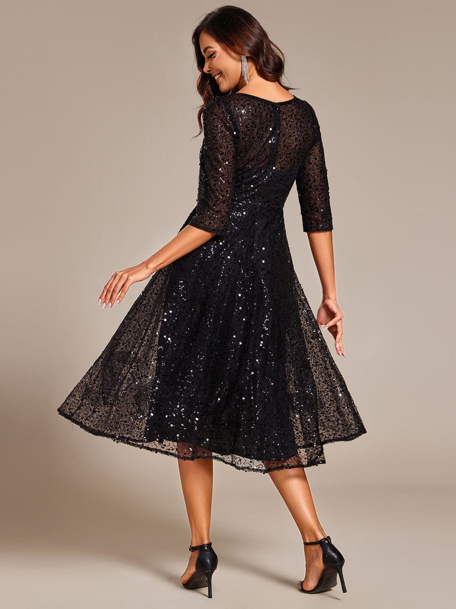 3/4 Sleeve Sparkly Sequin Round Neck Midi Wedding Guest Dress #color_Black