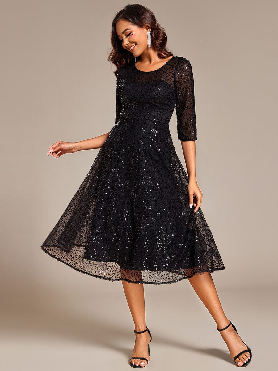 3/4 Sleeve Sparkly Sequin Round Neck Midi Wedding Guest Dress #color_Black