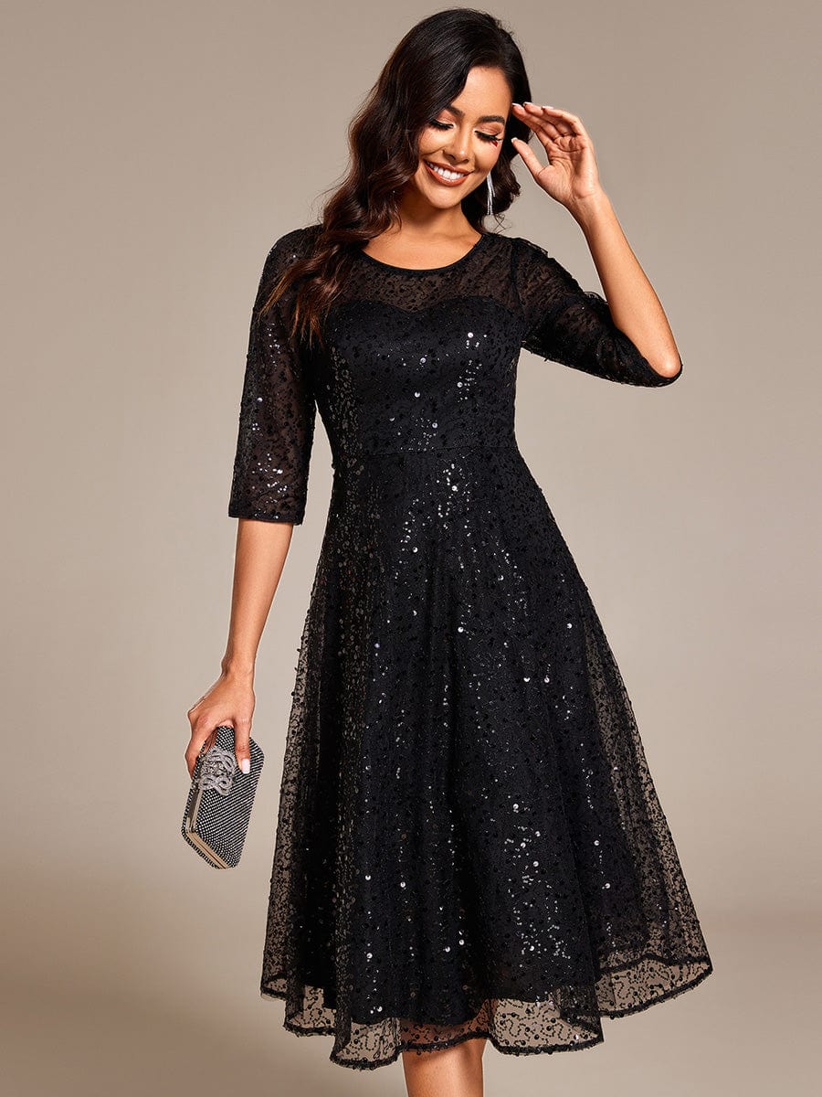 3/4 Sleeve Sparkly Sequin Round Neck Midi Wedding Guest Dress #color_Black